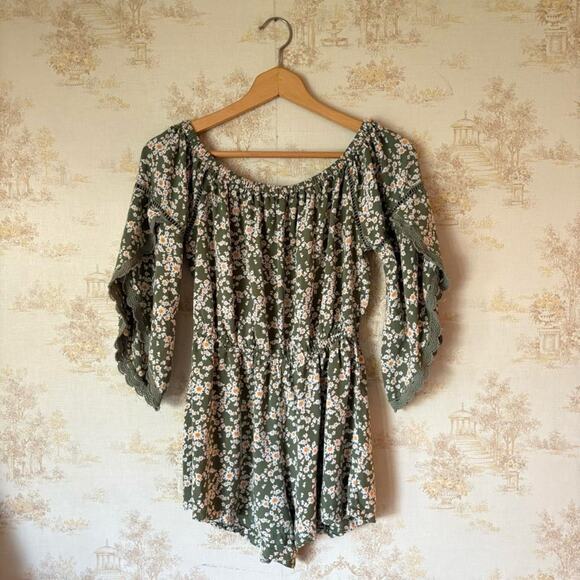 Vintage green daisy floral Angie boho festival cottagecore bell sleeve romper M - Picture 1 of 8
